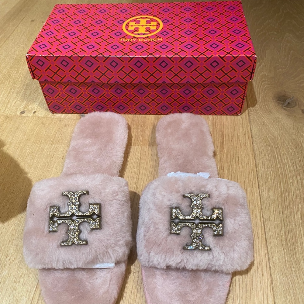 Tory Burch Women's Jeweled Shearling Slide Sandals - Size 7.5